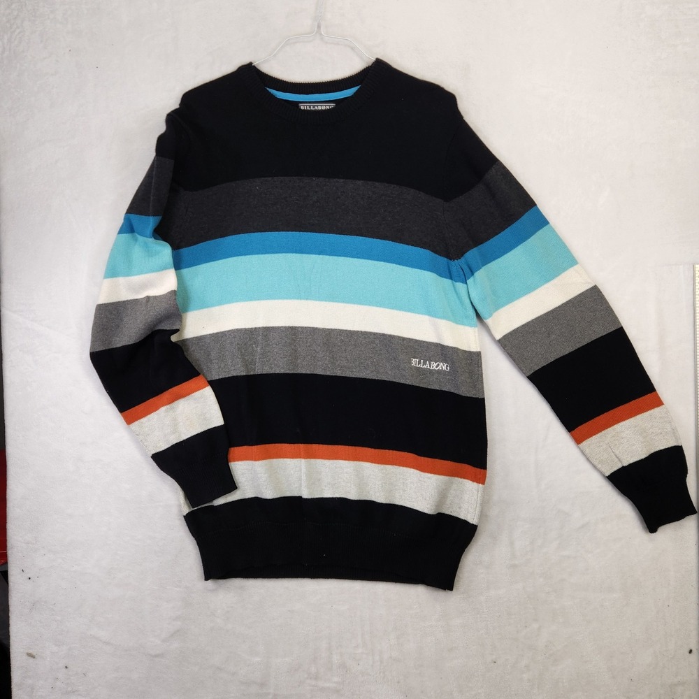 Billabong Mens XL Striped Crewneck Sweater Black Blue Orange Cotton Blend Knit